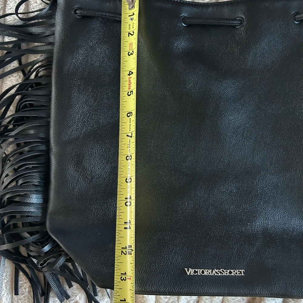 Victorias Secret Black Fringe Bucket Bag Drawstring Crossbody Vegan Leather Boho
